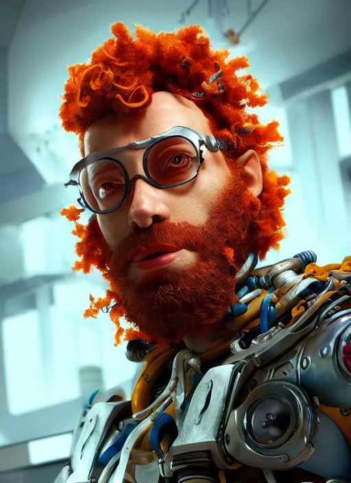 Image similar to biopunk portrait of curly orange hair man as a scientist, au naturel, hyper detailed, digital art, trending in artstation, cinematic lighting, studio quality, smooth render, unreal engine 5 rendered, octane rendered, art style by pixar dreamworks warner bros disney riot games and overwatch.