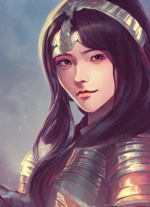 Prompt: a beautiful woman with long dark brown hair wearing armor, RPG portrait, japanese fantasy, feudal japan, by lois van baarle, Ilya Kuvshinov, WLOP, Rossdraws, ambient lighting, dynamic lighting