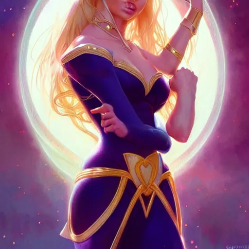 Image similar to Blonde Adriana Lima as Sailor Moon, western, D&D, fantasy, intricate, elegant, highly detailed, digital painting, artstation, concept art, matte, sharp focus, illustration, art by Artgerm and Greg Rutkowski and Alphonse Mucha