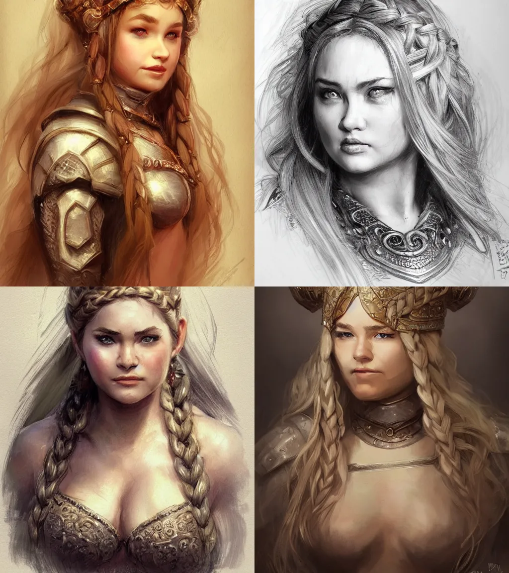 Prompt: plump female dwarven noblewoman | complex blonde braided hairstyle | hyperdetailed | pencil sketch | pino daeni | waist-up portrait | dungeons and dragons |