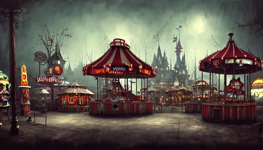 Image similar to michal karcz grunge painting of an amusement park, monster and horror theme. Horror-themed food booths and restaurants in the background. carrousel, monster theme, detailed, elegant, intricate, 4k,