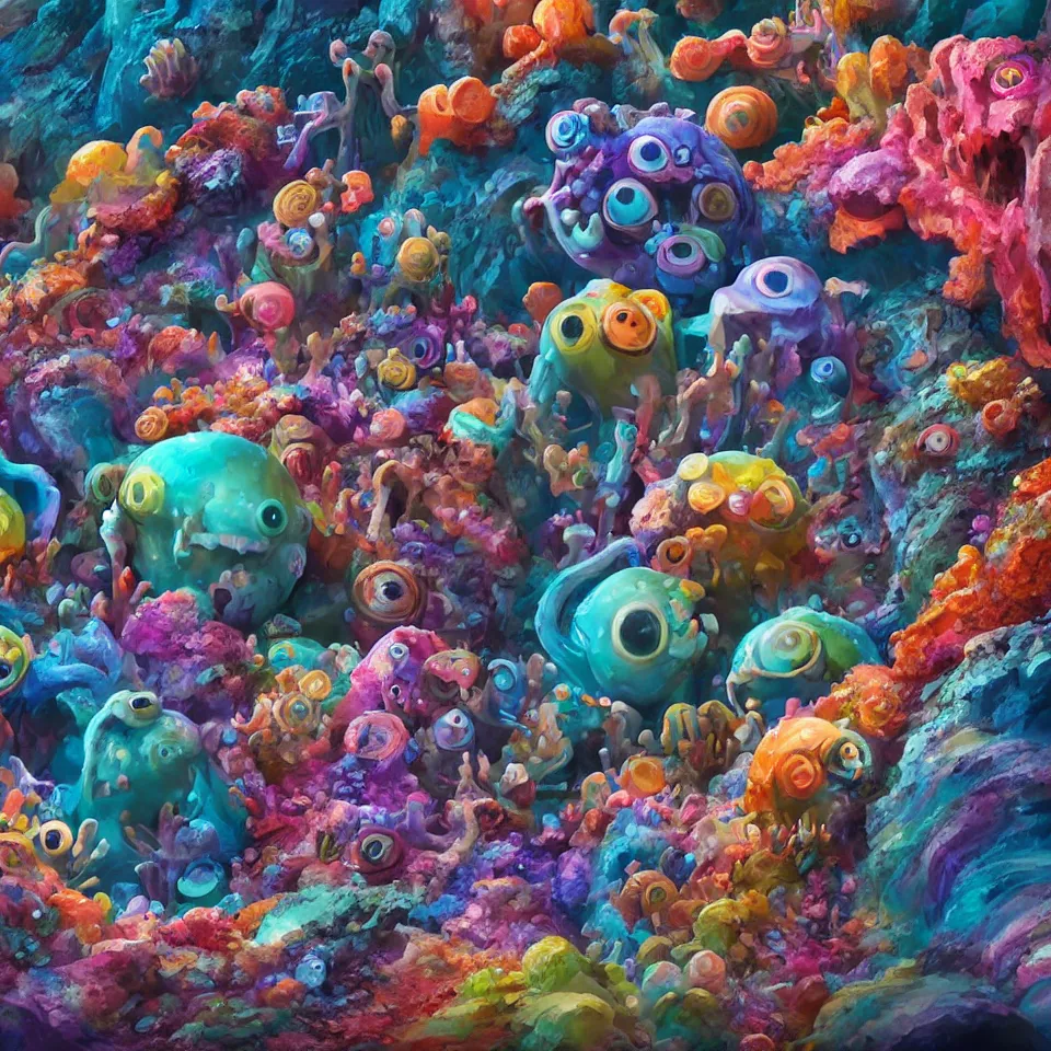 Image similar to of a colorful deep sea cave with strange cute friendly happy creatures with huge eyes, mouth, long tongue and round teeth appearing from sandy coral, in the style of gehry and gaudi, macro lens, shallow depth of field, ultra detailed, digital painting, trending artstation, concept art, illustration, cinematic lighting, photorealism, epic, octane render