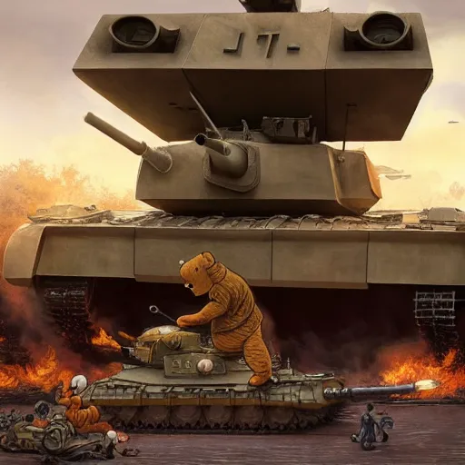 Prompt: screaming winnie the pooh having a tantrum in front of chinese type 5 9 battletank at tiananman square, dystopian, highly detailed, photorealistic, octane render, 8 k, unreal engine. art by artgerm and greg rutkowski and alphonse mucha