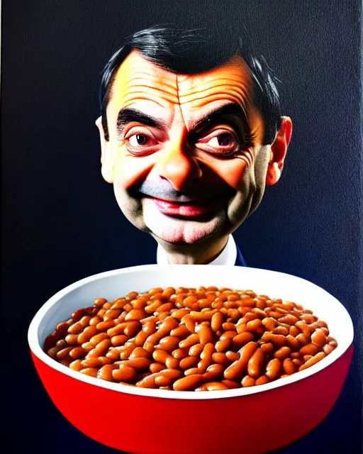 Image similar to portrait of mr bean smiling in a bowl full of baked beans, his face made of beans and tomato sauce, mr bean face, oil painting, highly detailed