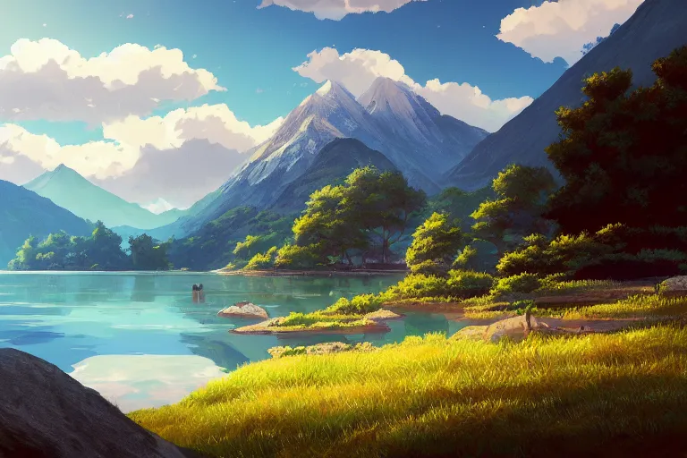 Image similar to Anime painting of a lake and mountain landscape, relaxed, calm, atmospheric, peacefull, trending on artstation, kimi no na wa