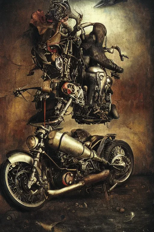 Image similar to full color hd photo of a motorcycle, octane render 4 k, by hieronymus bosch, joel peter witkin, annie liebovitz. gustave dore, hr giger, zdzisław beksinski, epic, artstation, cgisociety, weta, disney