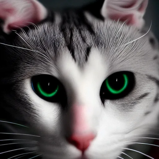 Image similar to a white cat, glowing eyes, trending wallpaper, black background, hyper realistic