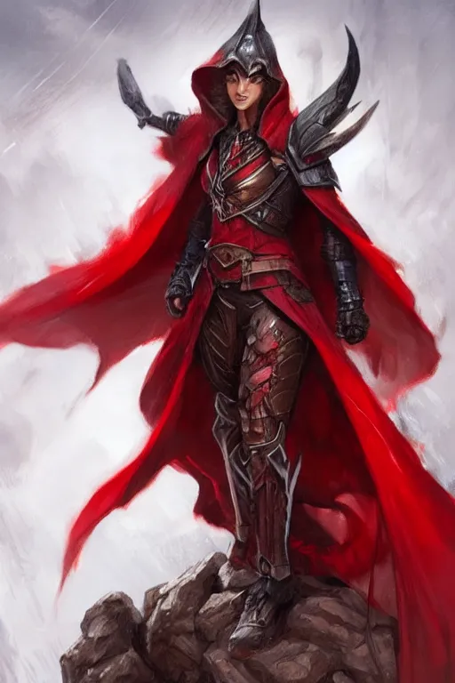 Image similar to wolf warrior in red cape and hood, d & d, fantasy, portrait, highly detailed, headshot, digital painting, trending on artstation, concept art, sharp focus, illustration, art by artgerm and greg rutkowski and magali villeneuve