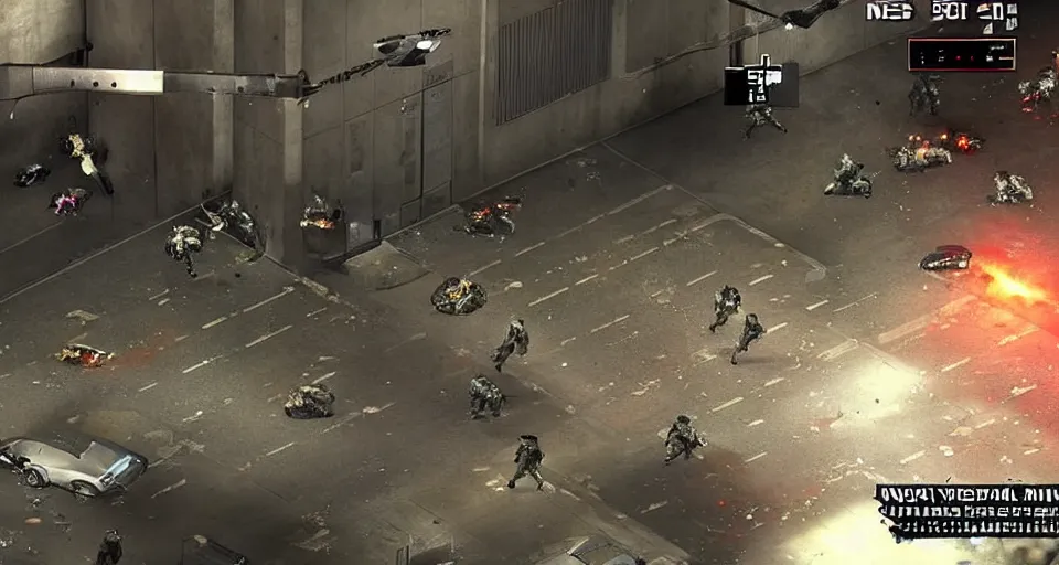 Prompt: 2011 Video Game Screenshot of Neo-tokyo Cyborg bank robbers vs police, Set inside of Parking Garage, Dark, Multiplayer set-piece Ambush, Tactical Squads :10, Police officers under heavy fire, Suppressive fire, Pinned down, Destructible Environments, Gunshots, Headshot, Bullet Holes and Anime Blood Splatter, :10 Gas Grenades, Riot Shields, MP5, AK45, MP7, P90, Chaos, Anime Machine Gun Fire, Gunplay, Shootout, :14 FLCL + Akira, Cel-Shaded:17, Created by Katsuhiro Otomo + Arc System Works + miHoYo: 20