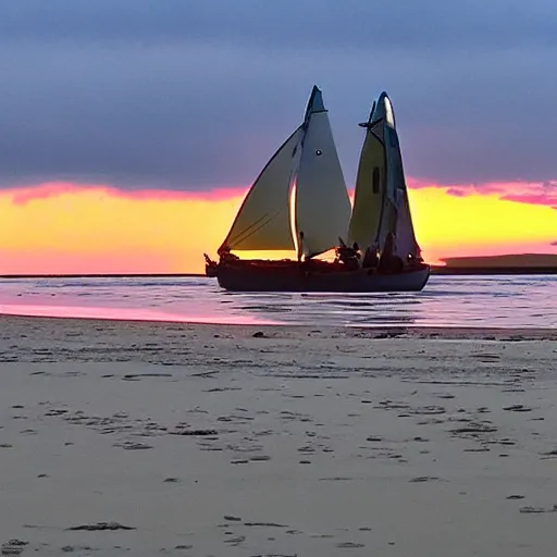 Image similar to sailboat stuck on sandbar at low tide, sunset, star wars ewoks helping to push it in water, ewoks