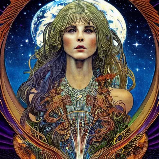 Image similar to portrait of Phoenix made with burning feather by Jeff Easley and Peter Elson + beautiful eyes, beautiful face + symmetry face + border and embellishments inspiried by alphonse mucha, fractals in the background, galaxy + baroque, gothic, surreal + highly detailed, intricate complexity, epic composition, magical atmosphere + masterpiece, award winning + trending on artstation