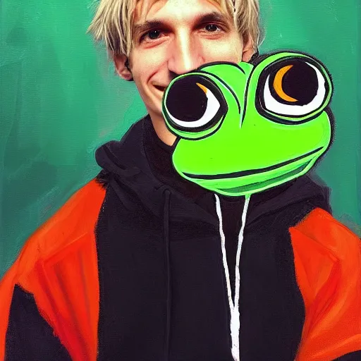 Image similar to Portrait of xQc with pepe the frog , oil painting