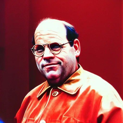 Image similar to colored photo of george costanza as in red communist clothing, 1 9 7 0 s, 3 5 mm film, by steve mccurry