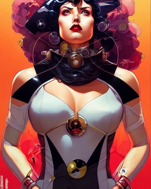 Image similar to artgerm, joshua middleton and sandra chevrier comic cover art, full body betty page as pretty female space pirate, symmetrical eyes, long curly hair, beautiful, rim lighting, vivid colors