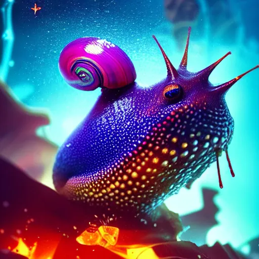 Image similar to beautiful colorful snail fish frog sea-star ant, magic of fire and magic of ice. occult cyberpunk, ancient futuristic, dark art, occult. by Petros Afshar, by artgerm, by Eddie Mendoza, by Peter mohrbacher, octane render, 3d, unreal engine, depth of field, bokeh, motion blur, blur