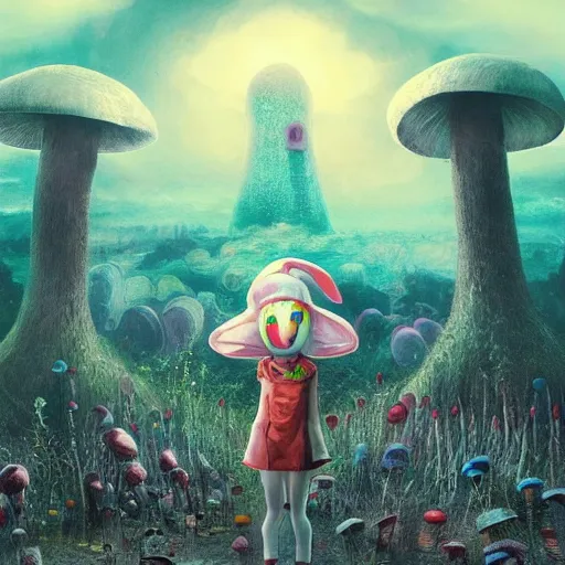 Image similar to 4 k headshot portrait of a psychedelic demonic anthropomorphic bunny rabbit with mushroom themed clothes, magic mushroom village in background. award winning. superb resolution. in the art style of junji ito and greg rutkowski. detailed mushroom city in background. hyper realistic anime. perfect art. dalle 2