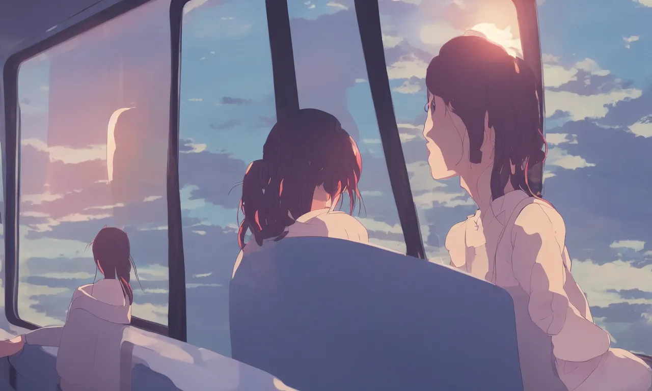 Image similar to Girl sitting in a window seat in a bus at sunset, cinematic lighting, style by Makoto Shinkai