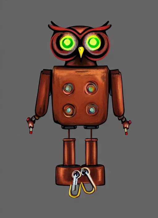 Image similar to colored pencil and pen drawing of an animatronic robot owl, bird made from rusty old keys and padlocks, 4 k photorender realityengine