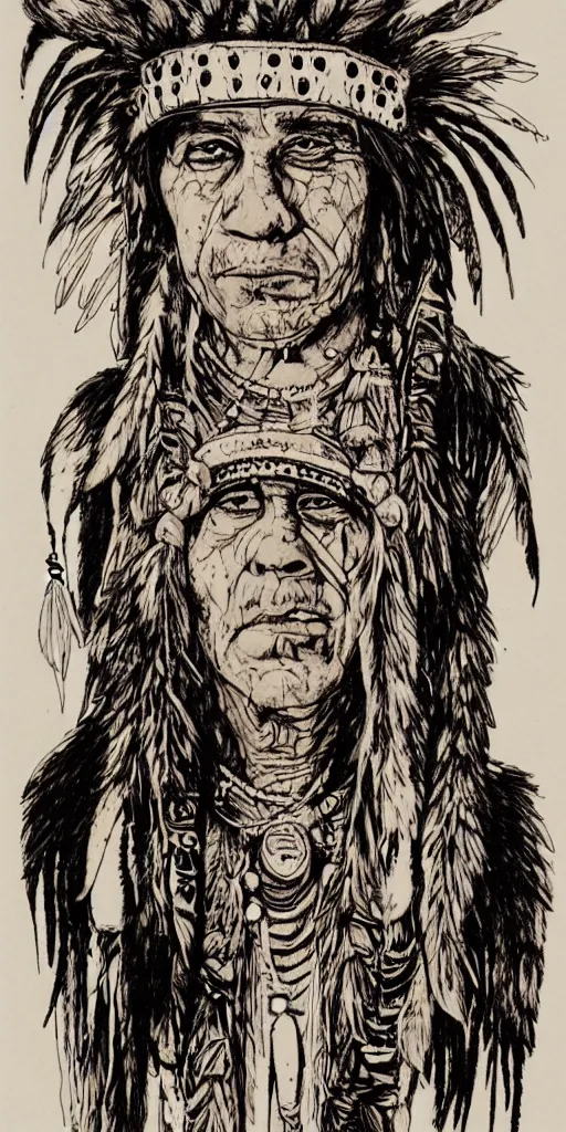 Image similar to a detailed loose wild messy ink sketch portrait of a Native American shaman wearing a bone breastplate in the style of Ralph Steadman, caricature, dramatic with desert colors