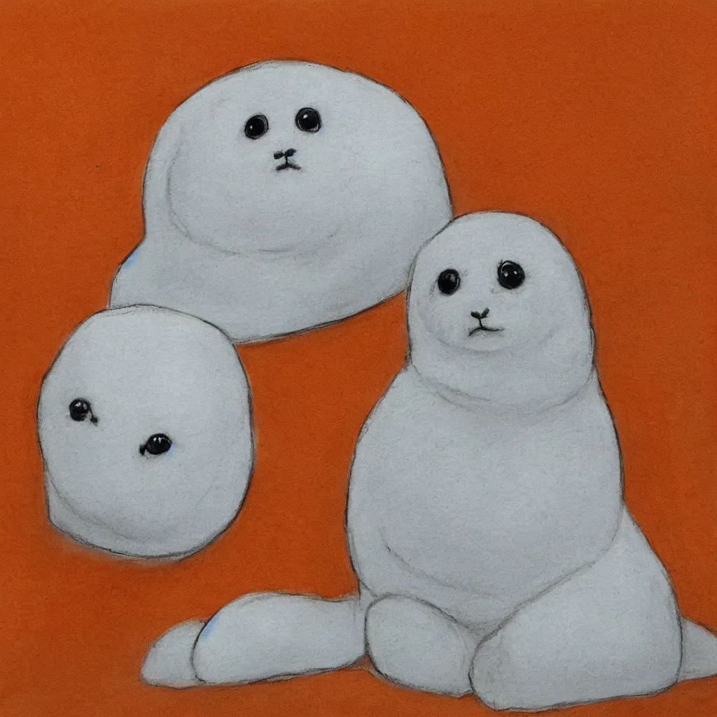 Image similar to a baby harp seal in an orange prisoner jumpsuit at the witness stand, courtroom sketch