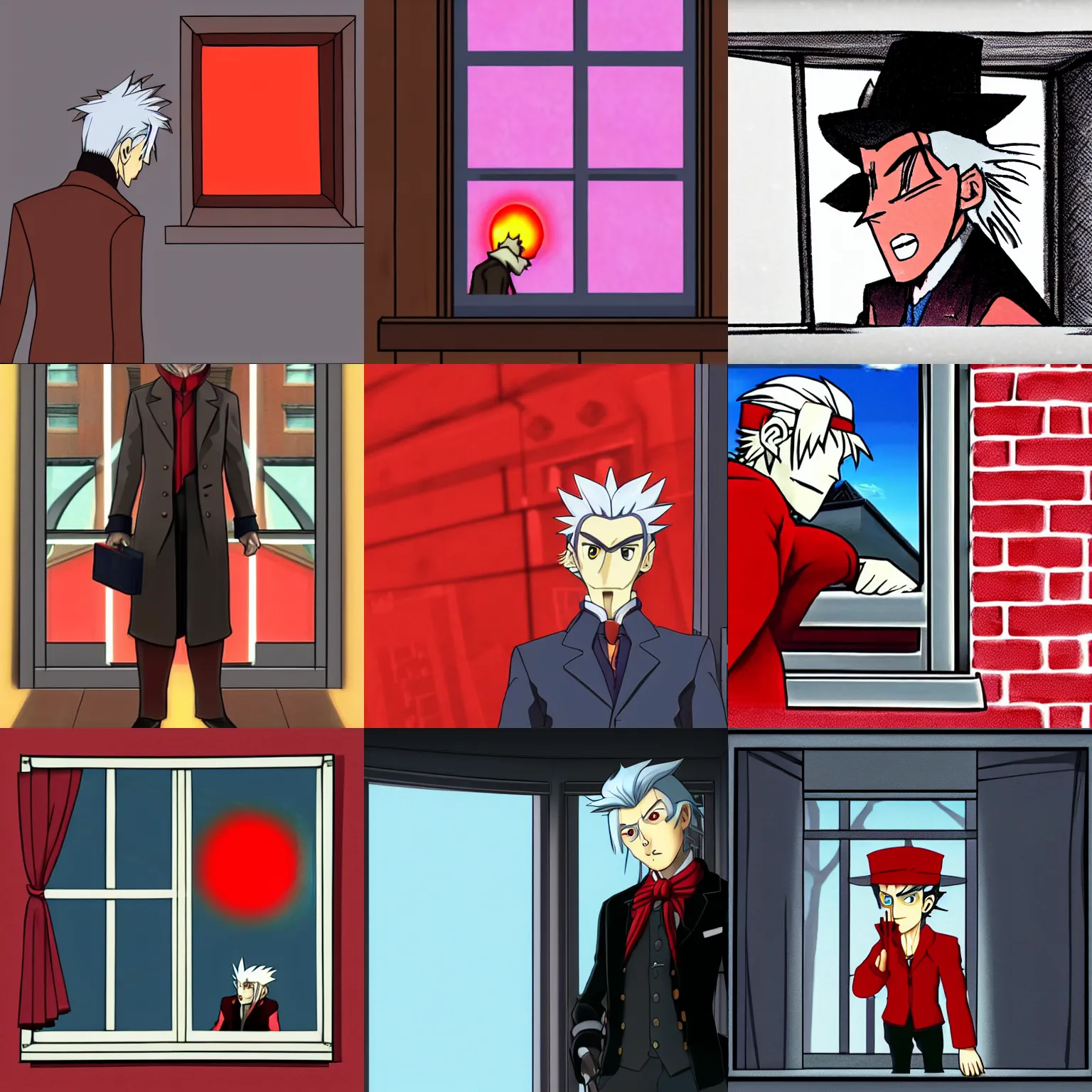 Prompt: Godot from Ace Attorney staring out of a Window that emits red light