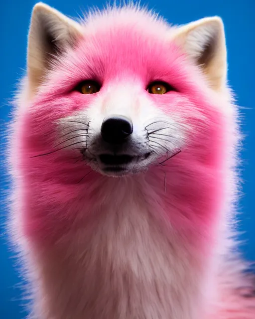 Image similar to pink fluffy fox, portrait, blue background, 8 k, 8 5 mm f 1. 8