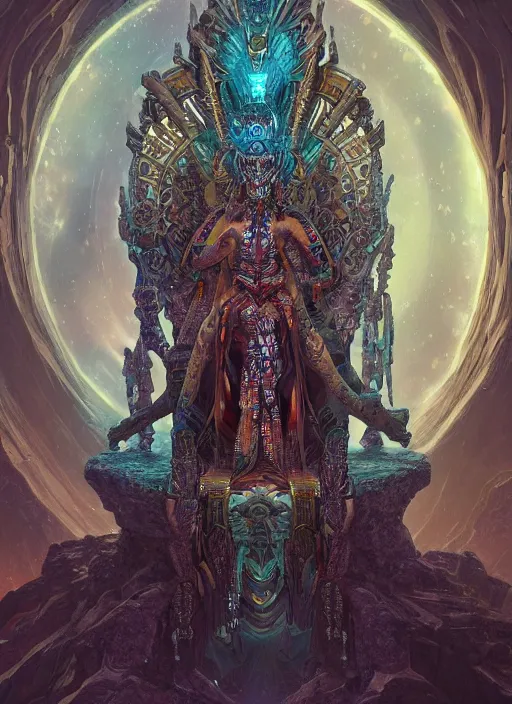 Image similar to hyper realistic photography of intricate symmetric strange aztec alien goddess sitting on opal throne in a crystal cave detailed, greg rutkowski, artstation, cgsociety