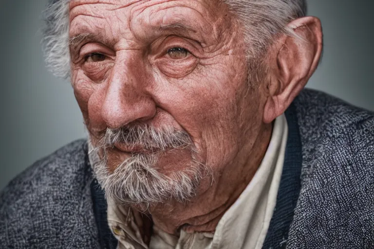 Prompt: a cinematic portrait headshot photograph of an old man looking at the camera, soft light, ultra high detailed, realistic, hair light, key light, movie still