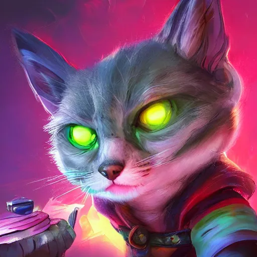 Image similar to close up of furious teemo from league of legends as a grey american shorthair cat, vivid color, neon color, intricate detail, digital painting, particles floating, whimsical background by marc simonetti, artwork by ross tran + ramond swanland + liam wong