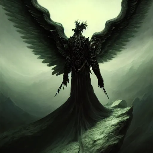 Image similar to painting of a fallen angel paladin with big burnt wings reaching the summit of a haunted mountain, sharp focus, award - winning, trending on artstation, masterpiece, highly detailed, intricate. art by seb mckinnon