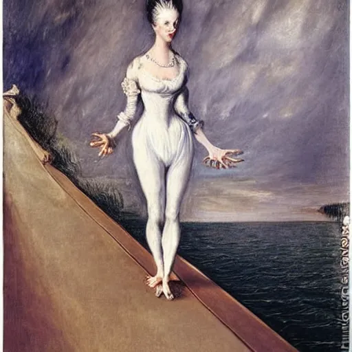 Image similar to Marie Antoinette walking on water. By El Greco, Remedios Varo, Salvador Dali, Carl Gustav Carus, John Atkinson Grimshaw.