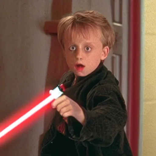 Prompt: Kevin McCallister if he had a lightsaber