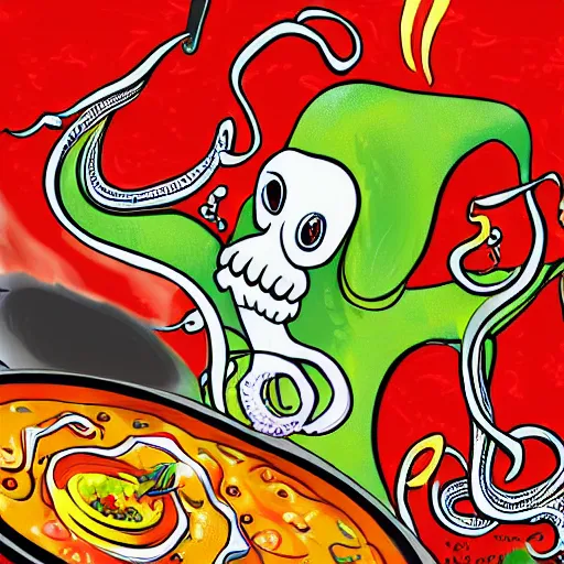 Image similar to occult anthropomorphic octopus chef cooking a delicious colorful soup, digital paintingl