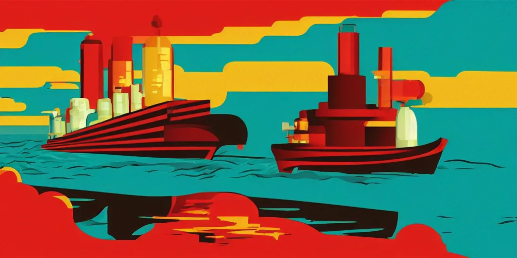 Image similar to ship in a bottle. illustration. multicolored. by tom whalen