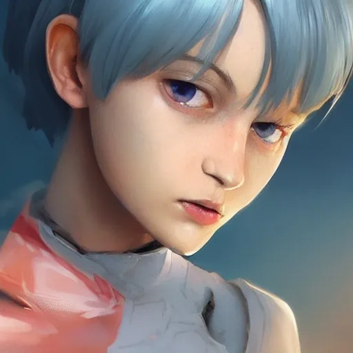 Image similar to a highly detailed epic cinematic concept art CG render digital painting artwork: boyish poor British Rei Ayanami played by Alicia Vikander. By Greg Rutkowski, Ilya Kuvshinov, WLOP, Stanley Artgerm Lau, Ruan Jia and Fenghua Zhong, trending on ArtStation, subtle muted cinematic colors, made in Maya, Blender and Photoshop, octane render, excellent composition, cinematic atmosphere, dynamic dramatic cinematic lighting, precise correct anatomy, aesthetic, very inspirational, arthouse