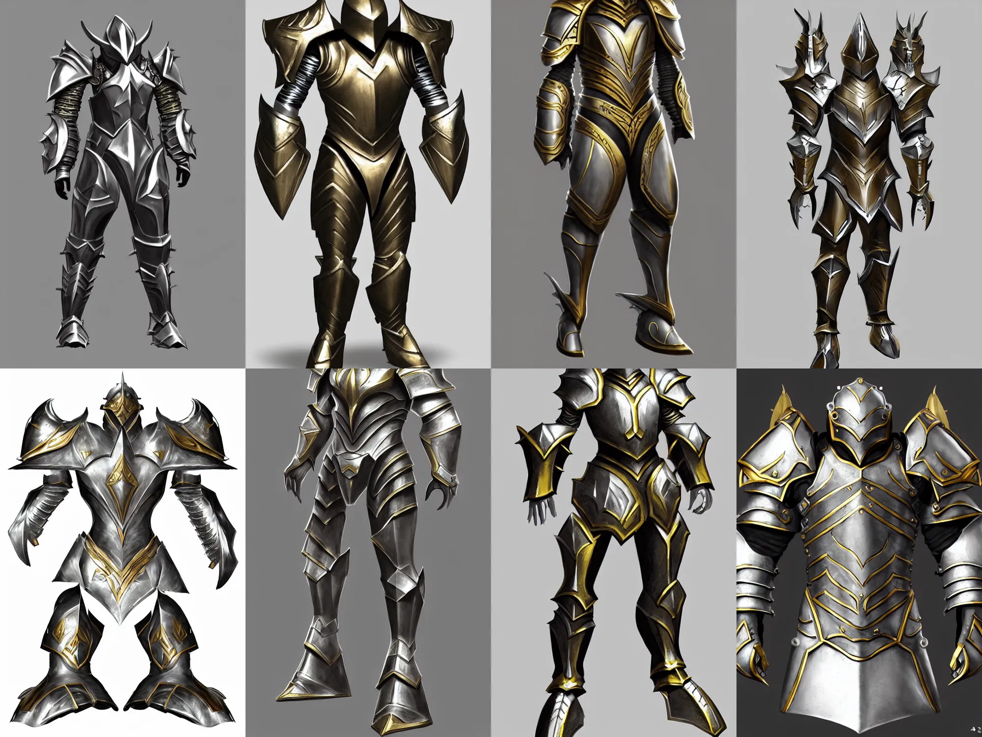 Prompt: heavy fantasy armor, professional concept sketch, silver with gold trim, extremely polished, front view, A-pose, full body