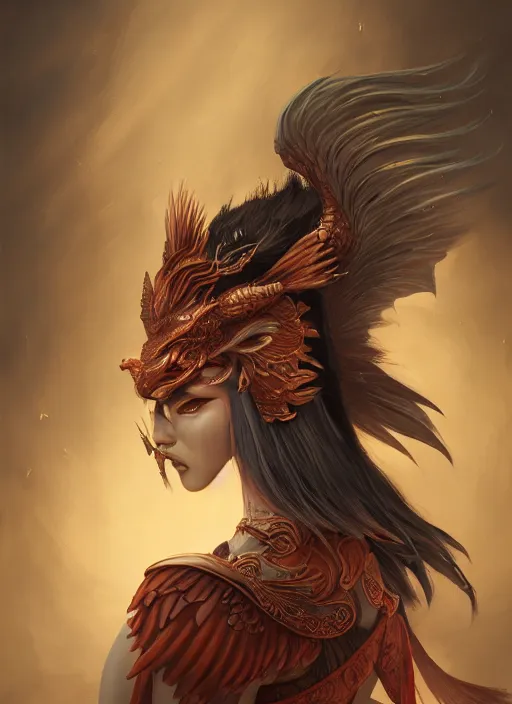 Prompt: a beautiful detailed oil on copper art illustration of a tengu mask shogun dragon woman, centered, by charlie bowater, zeng fanzh, trending on artstation, dim dusk lighting, cinematic lighting, detailed lighting, volumetric lighting, realistic, f 8, 4 k hd wallpaper