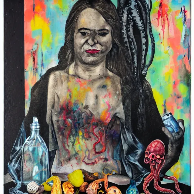 Image similar to a portrait in a dark apartment, a widow holding an octopus, milk, berries, broken bottles, metaphysical, neo - expressionism, surrealism, acrylic and spray paint and oilstick on canvas