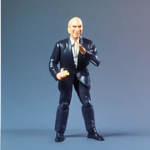 Image similar to 1980s plastic vinyl action figure toy of a L Ron Hubbard with muscular arms, studio photography isolated on a white background