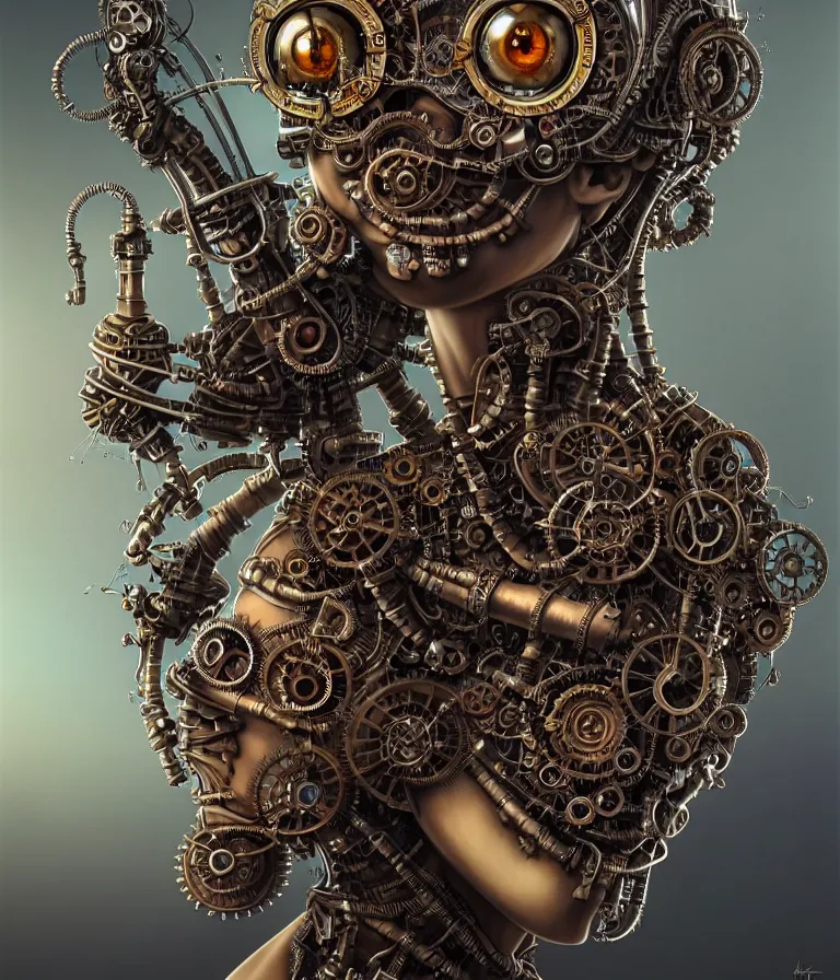 Image similar to steampunk cybernetic biomechanical krishna, front facing, symmetric, 3 d model, very coherent symmetrical artwork, unreal engine realistic render, 8 k, micro detail, intricate, elegant, highly detailed, centered, digital painting, artstation, smooth, sharp focus, illustration, artgerm, tomasz alen kopera, wlop