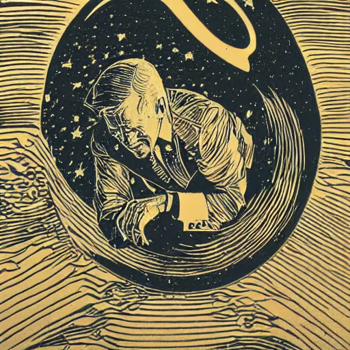 Image similar to Woodcut portrait of joe biden falling into the stars by greg rutkowski, 4k, intricate details