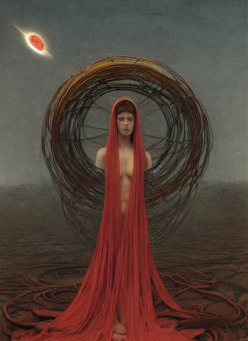 Image similar to Woman masterpiece, red, golden halo behind her head, red wires wrap around, by Edgar Maxence and Ross Tran, Zdzisław Beksiński, and Michael Whelan, distant, gustav dore, H.R. Giger, 8k, octane render