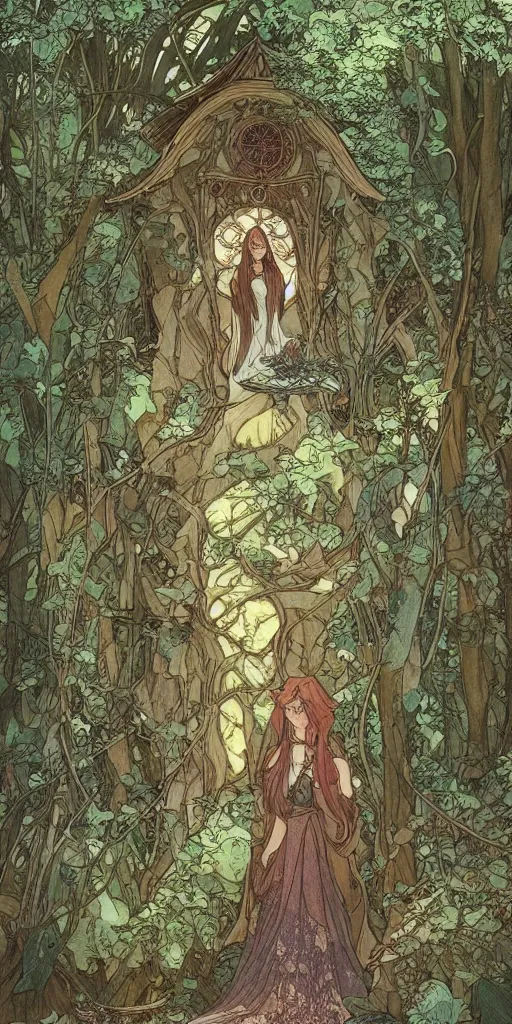 Prompt: an elvish Fairy house in the Woods, fantasy, art nouveau, architecture, daylight, warm light, spring, studio ghibli, Moebius, alphonse mucha, siya oum, ultra detailed, High definition, Sharp