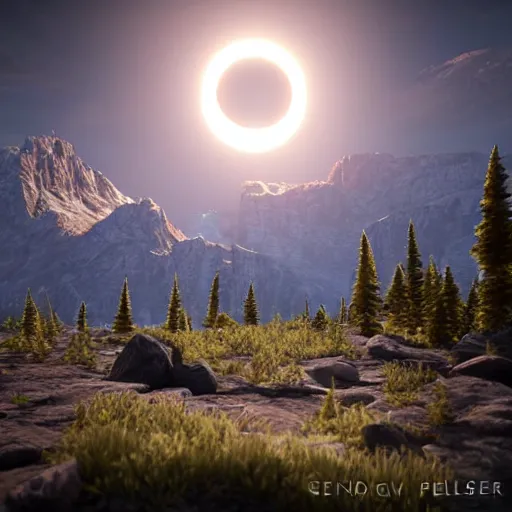 Prompt: nuclear blast eclipse, small in size, rocky mountains, highly detailed, photorealistic shot, bright studio setting, studio lighting, crisp quality and light reflections, unreal engine 5, quality render, art by sandra pelser