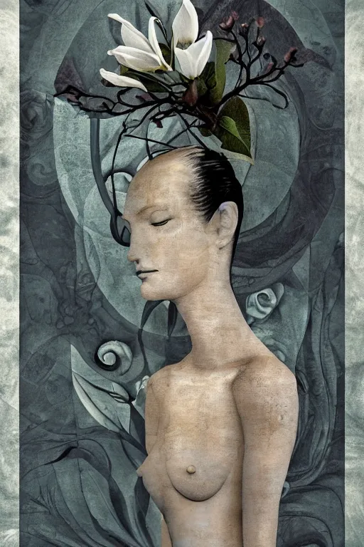 Image similar to a goddess of magnolia a queen of the garden, meditating! with a beautiful symmetrical face!!! cinematic lightning, isolated, studio lighting by dave mckean