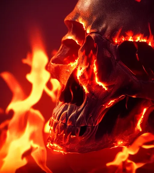 Image similar to epic render of burning skull, octane render, trending on artstation, macro photography