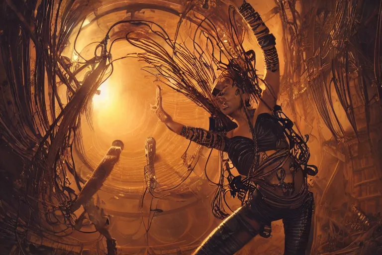 Image similar to a fisheye lens photo of a post apocalyptic tribal cyborg dj goddess tweaking and playing synthesizers in the most complicated and technical spiral fractal musical studio, powerful, cinematic, beautifully lit, by donato giancola, by artgerm, by karol bak, 3 d, perfect face and body, trending on artstation, octane render, 8 k