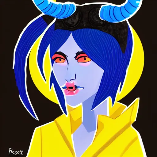 Image similar to illustrated portrait of ram-horned devil woman with blue bob hairstyle and hex #FFA500 colored skin tone and with solid black eyes wearing leather by rossdraws