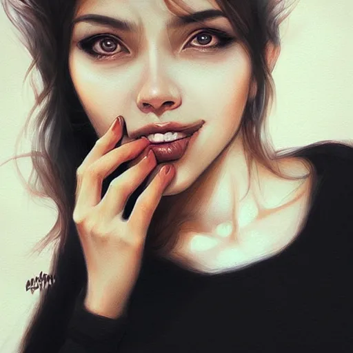 Image similar to a mouth a bit open, two eyes half closed, half a smile on her soul, a beautiful portrait on the wall. by artgerm and Alina Ivanchenko