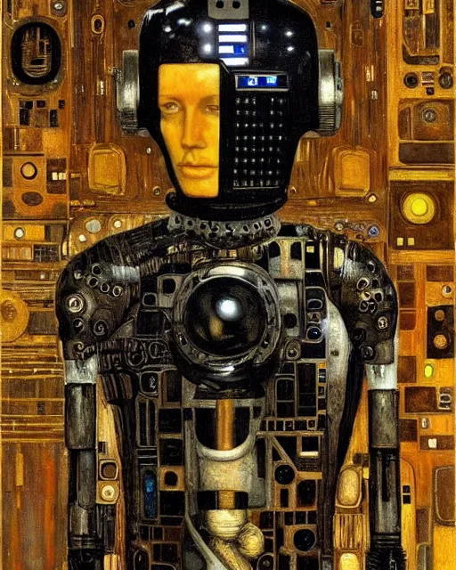 Image similar to Portrait of a droid from iRobot by Gustav Klimt, cyberpunk noir, baroque elements, intricate artwork by caravaggio, aesthetic, intricate, highly detailed, masterpiece
